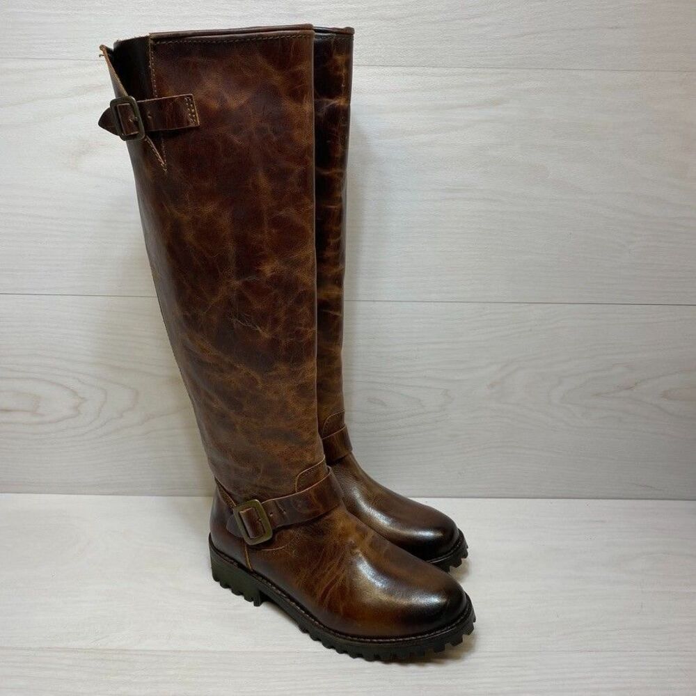 Freebird Leather Knee High Boots 6 Battle Brown Riding Motorcycle Buckle Zip